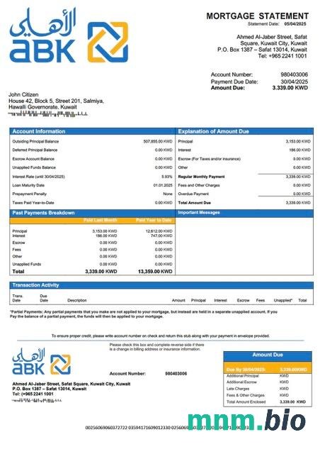 Kuwejt Bank Al Ahli of Kuwait wyciąg z kredytu hipotecznego szablon Word i PDF